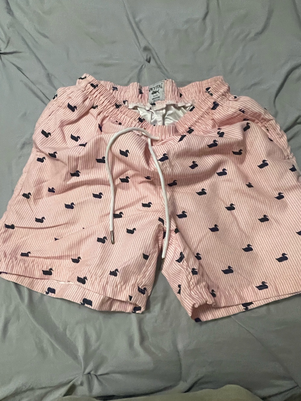 Men's Pink Swim Trunks with Navy Duck Print